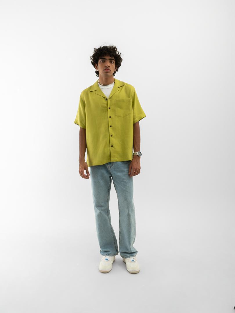 Cuban Collar Hemp Shirt Solid Green