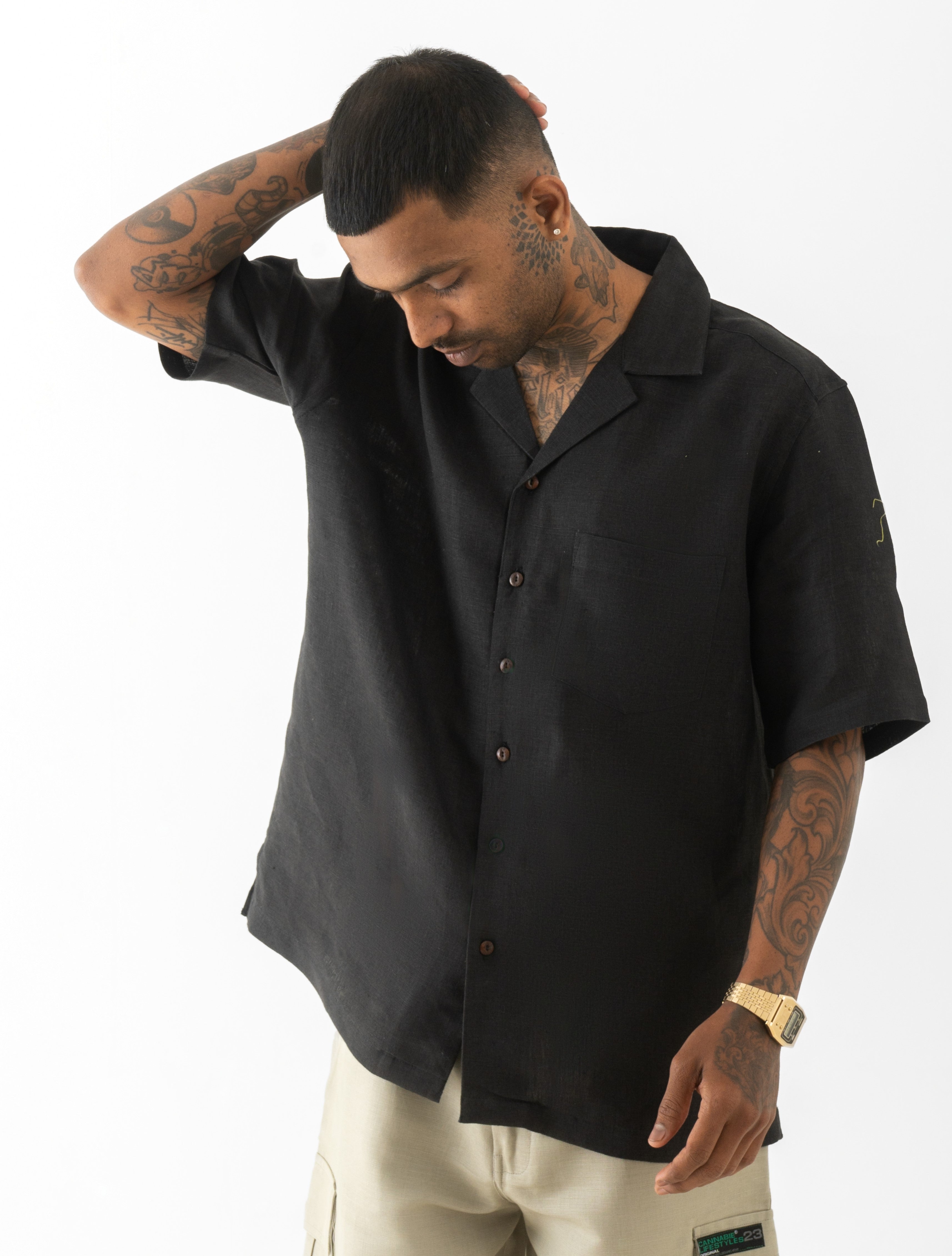 Cuban-collar-Black-Shirt