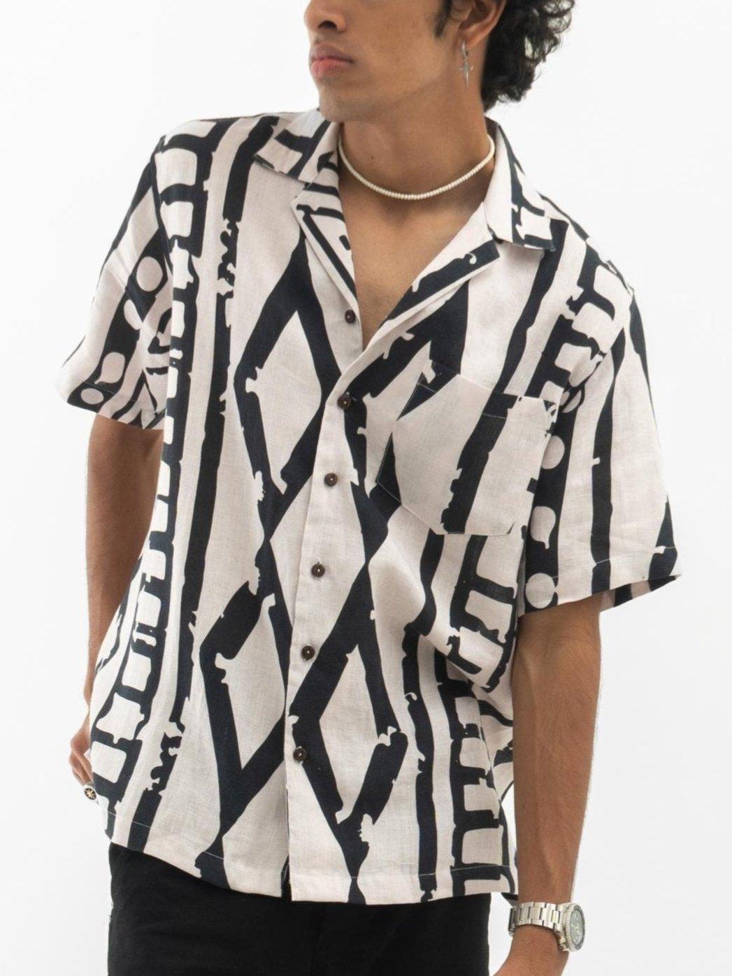 Tribal Print Cuban Collar Hemp Shirt