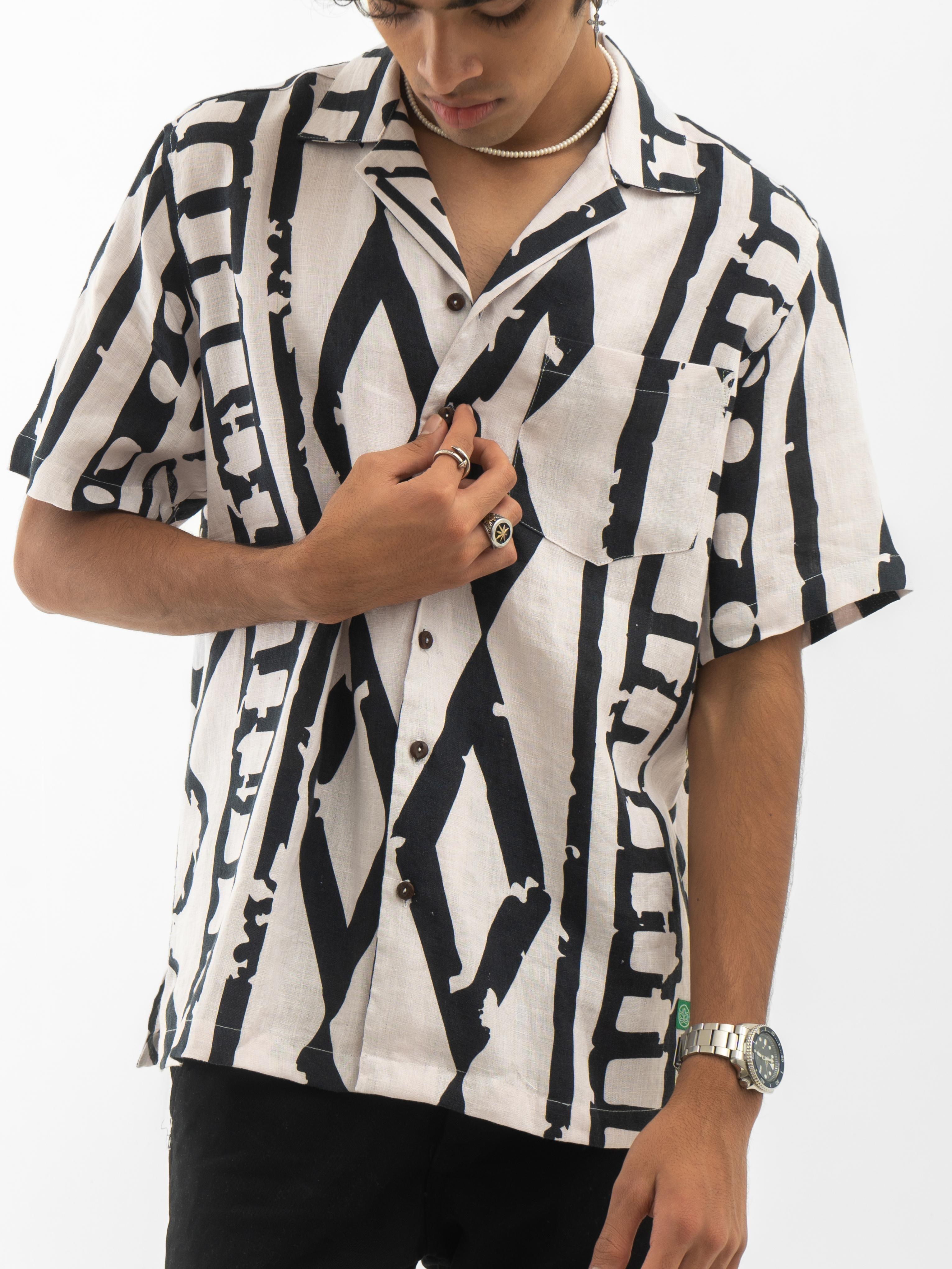 Tribal Print Cuban Collar Hemp Shirt