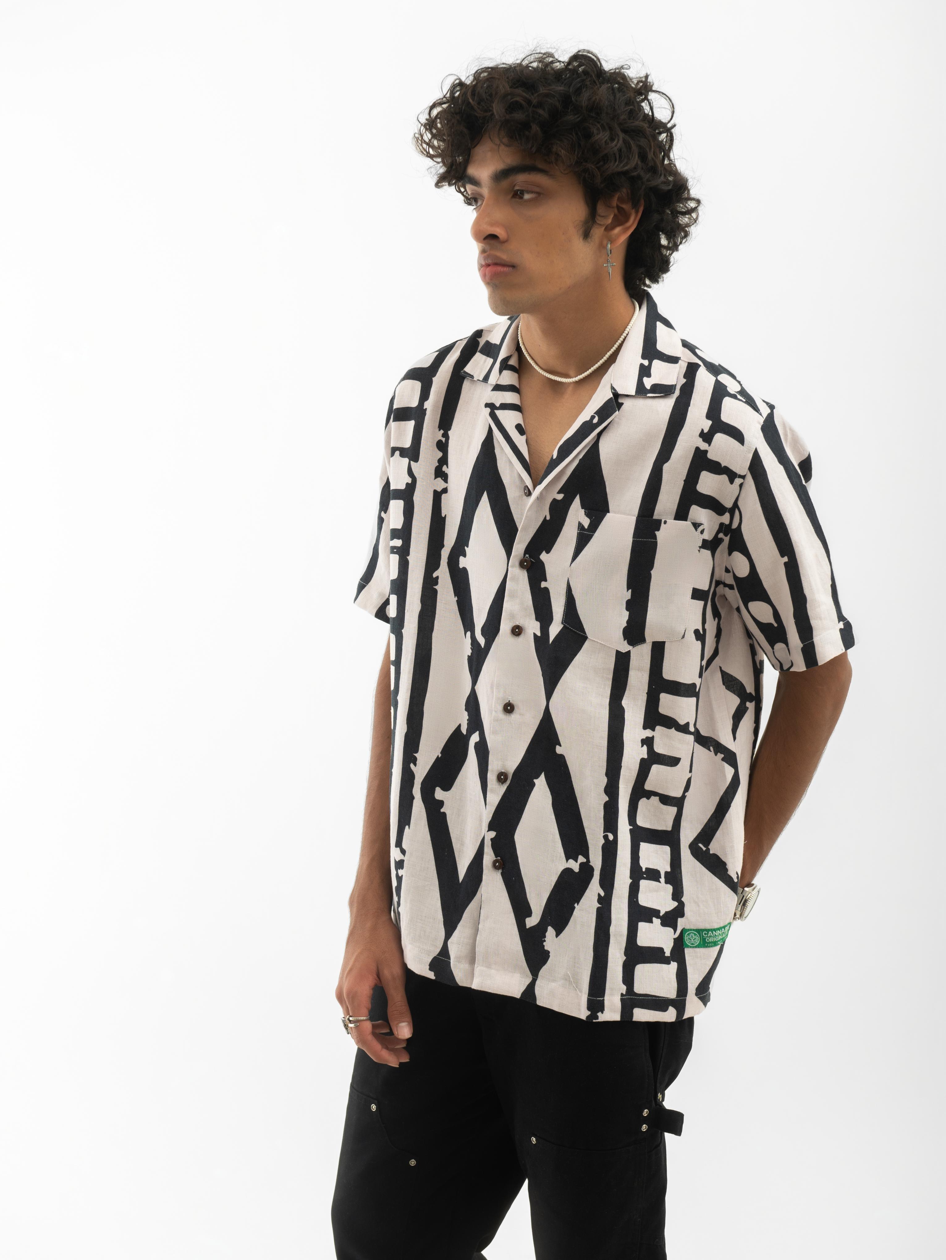 Tribal Print Cuban Collar Hemp Shirt