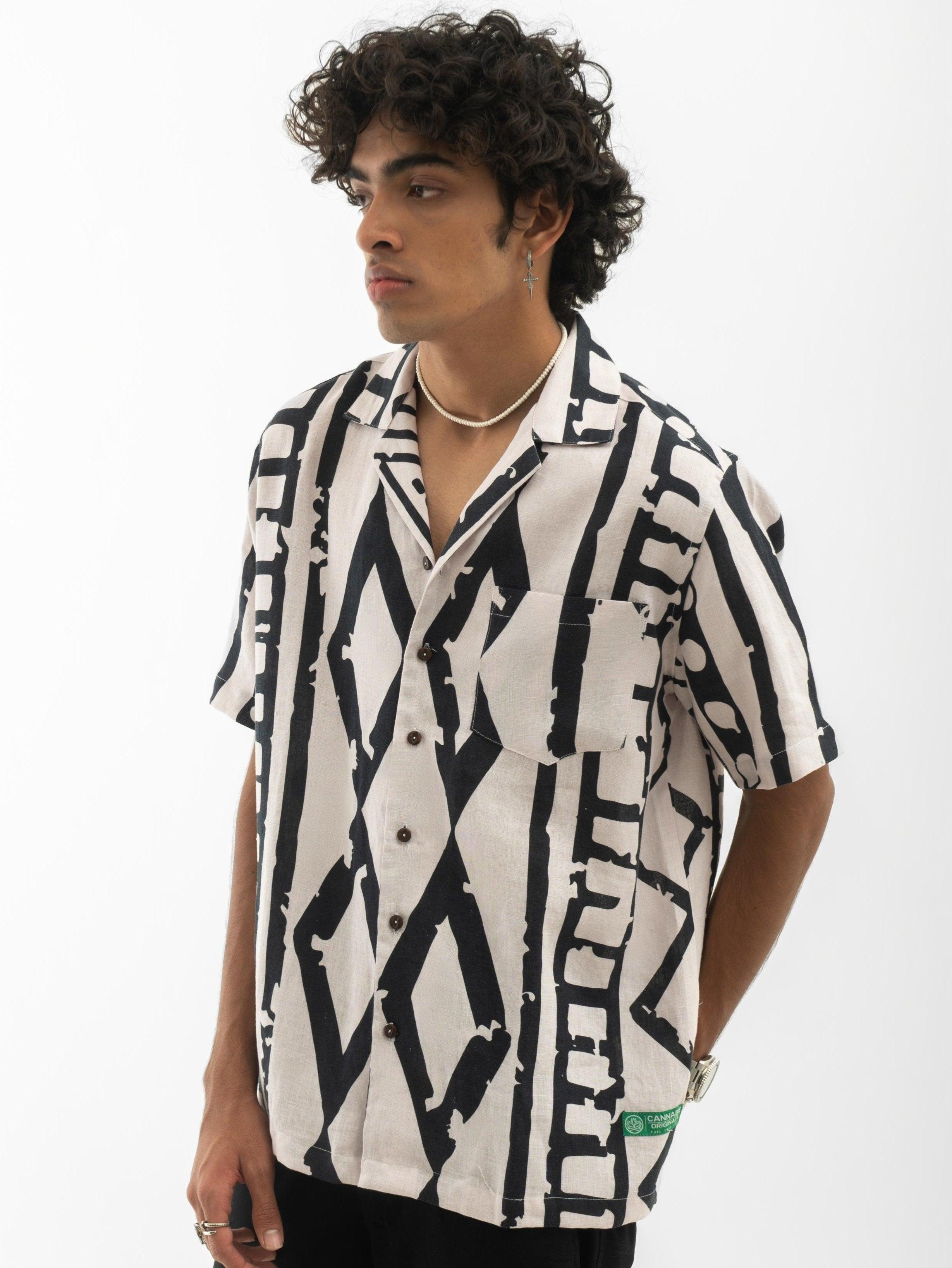 Tribal Print Cuban Collar Hemp Shirt