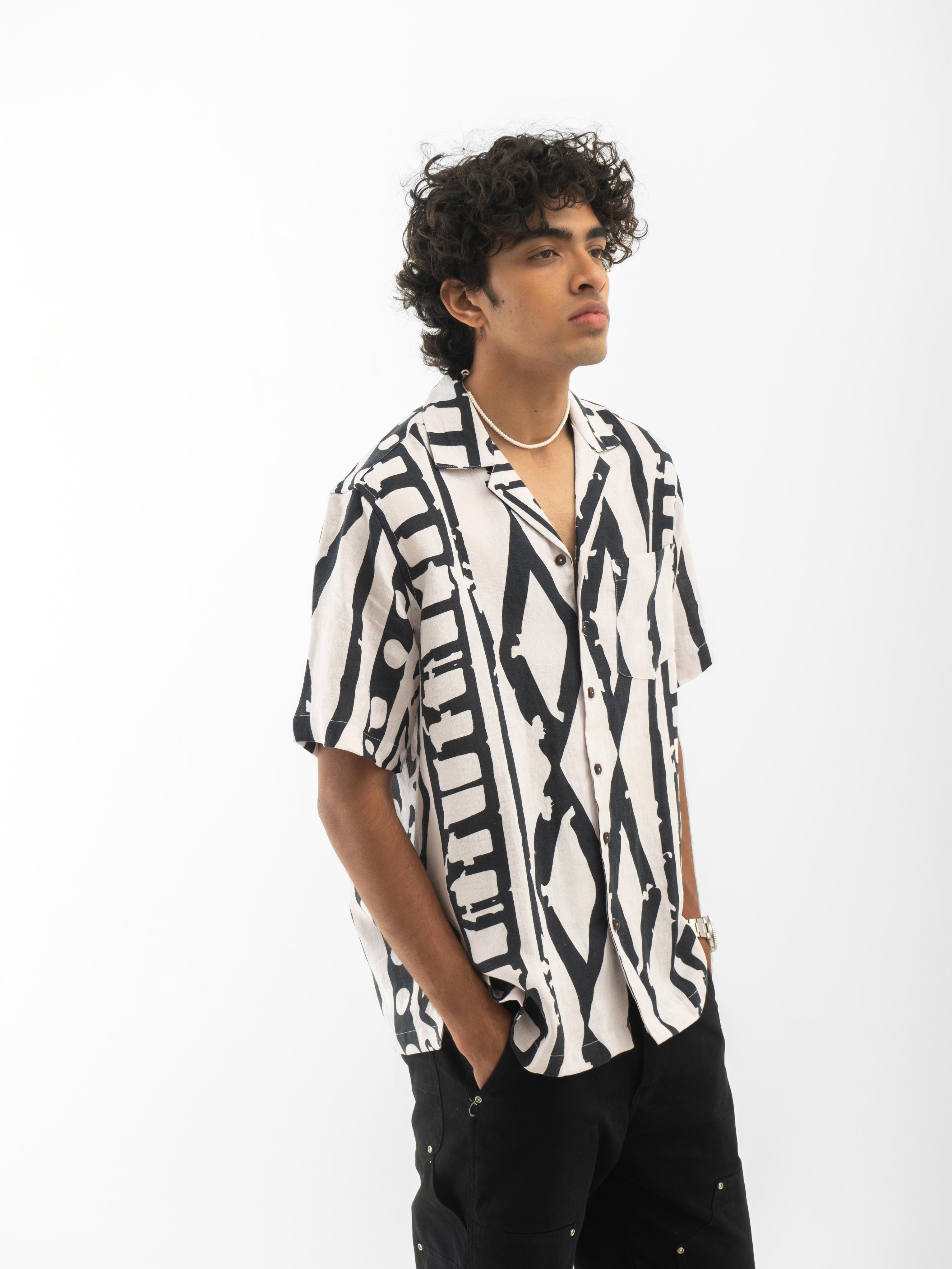 Tribal Print Cuban Collar Hemp Shirt