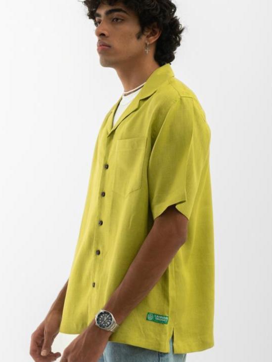  Cuban Collar Hemp Shirt Solid Green