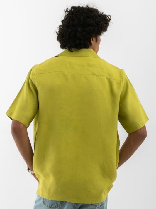  Cuban Collar Hemp Shirt Solid Green