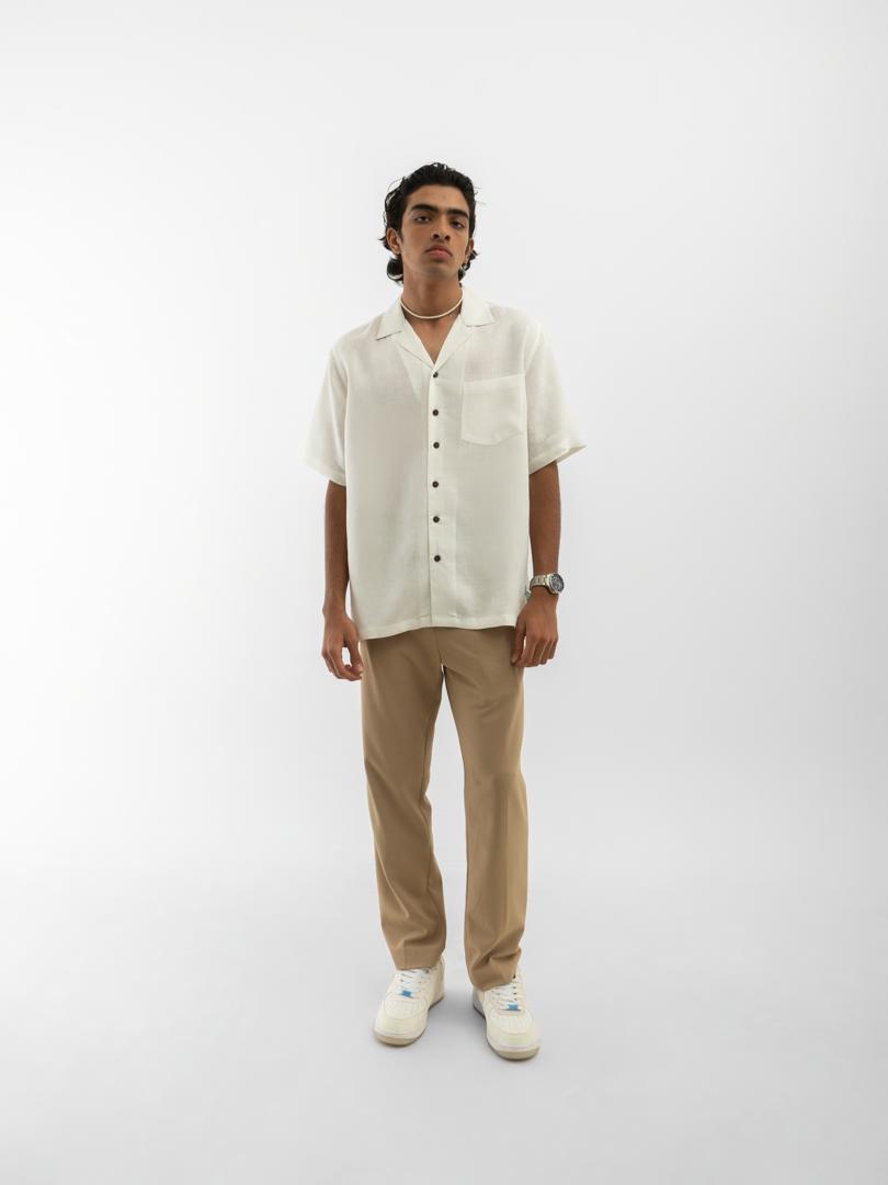 Cuban Collar Hemp Shirt Solid Off White