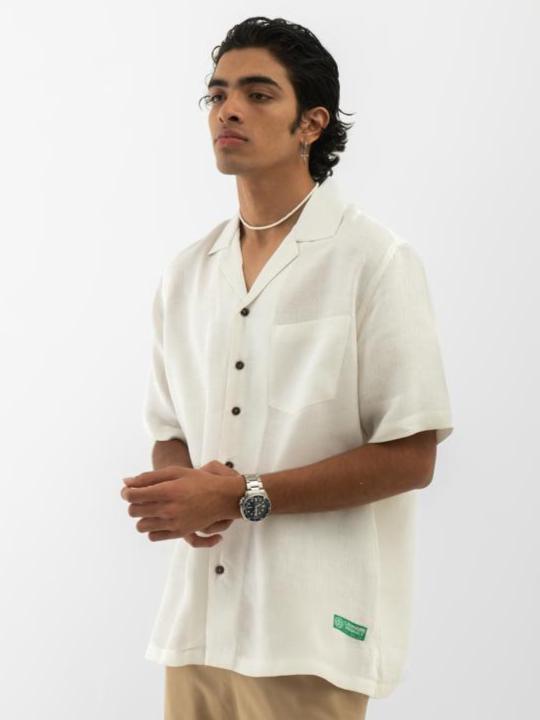 Cuban Collar Hemp Shirt Solid Off White