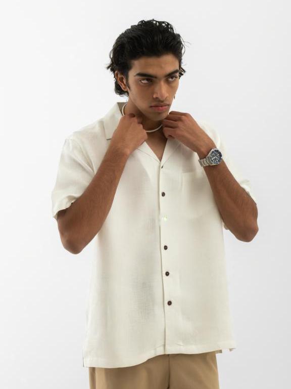 Cuban Collar Hemp Shirt Solid Off White