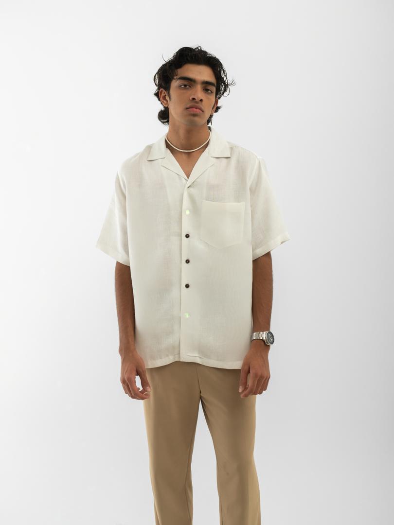 Cuban Collar Hemp Shirt Solid Off White