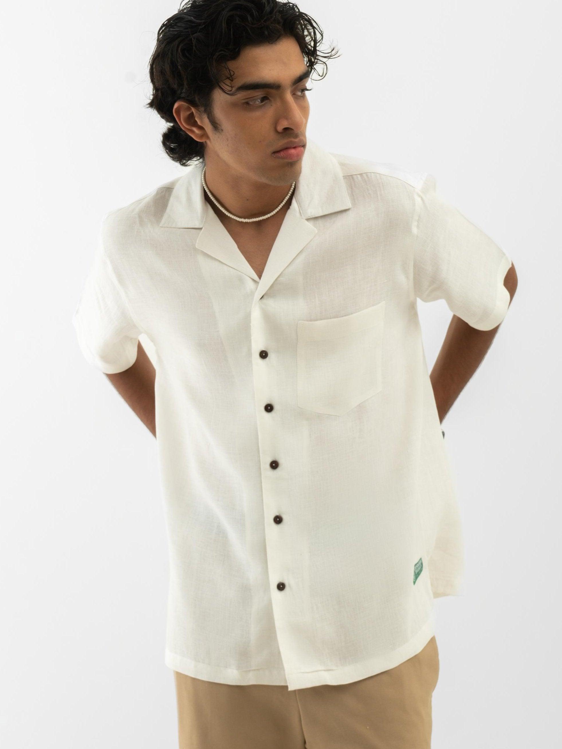 Leaf Patchwork Cuban Collar Hemp Shirt