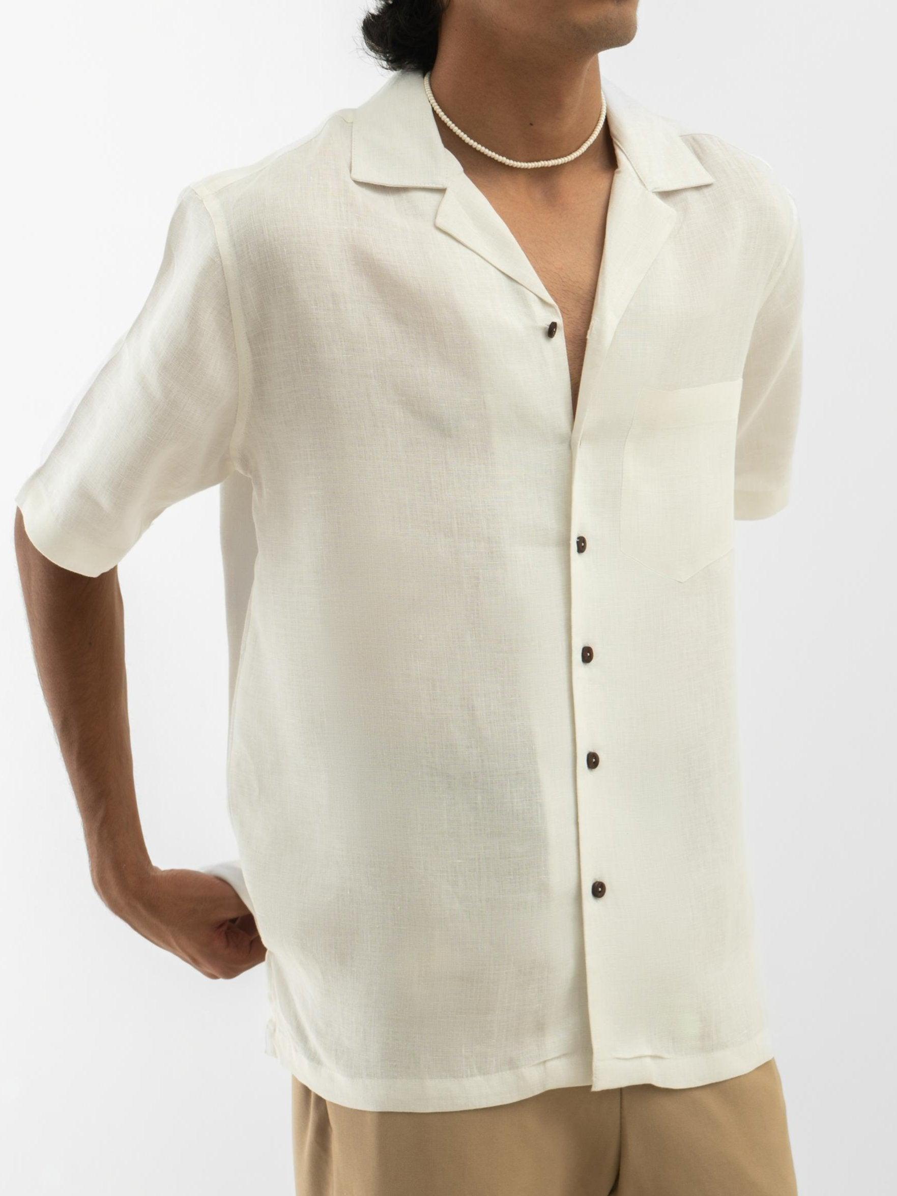 Leaf Patchwork Cuban Collar Hemp Shirt