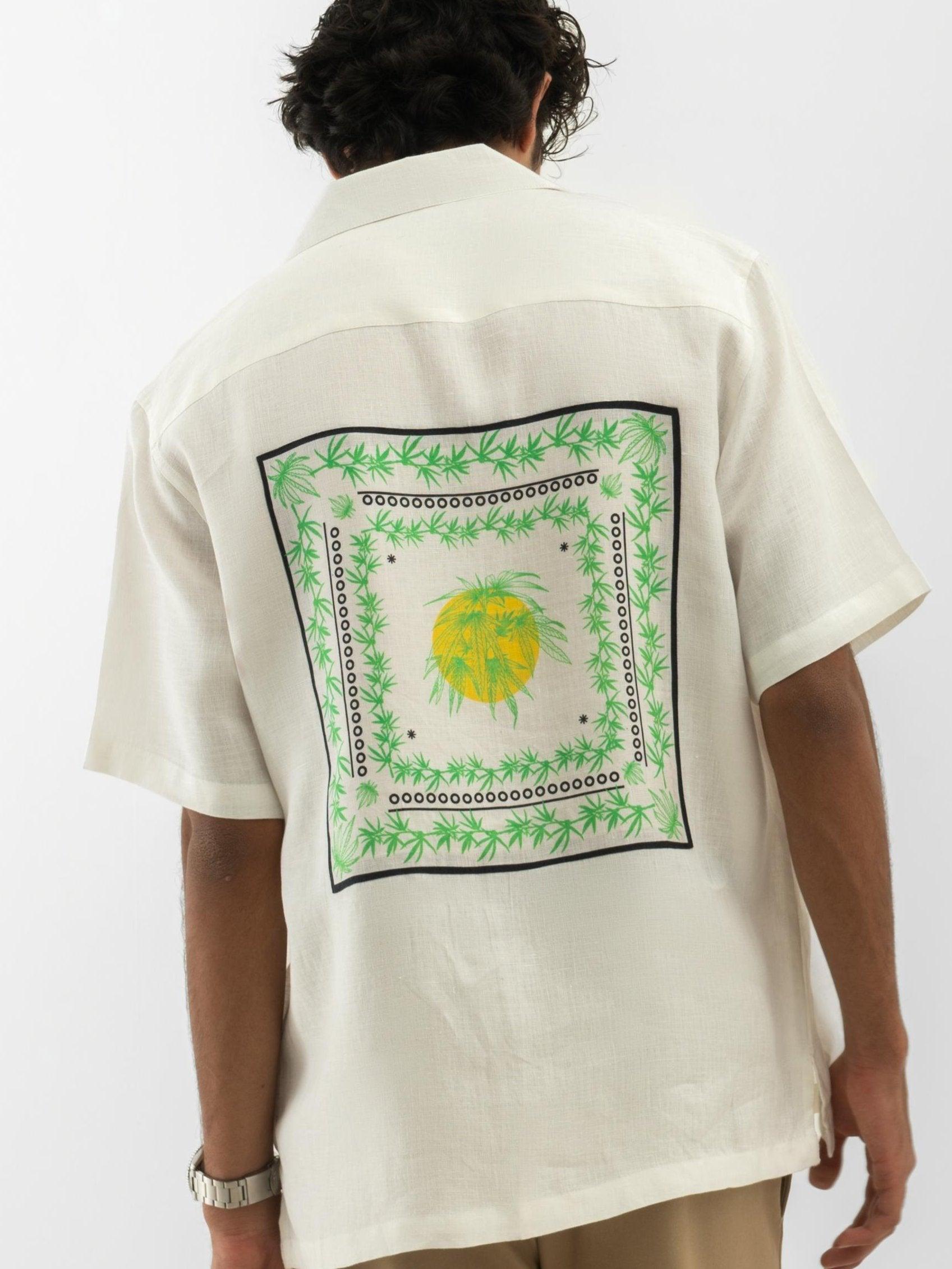 Leaf Patchwork Cuban Collar Hemp Shirt