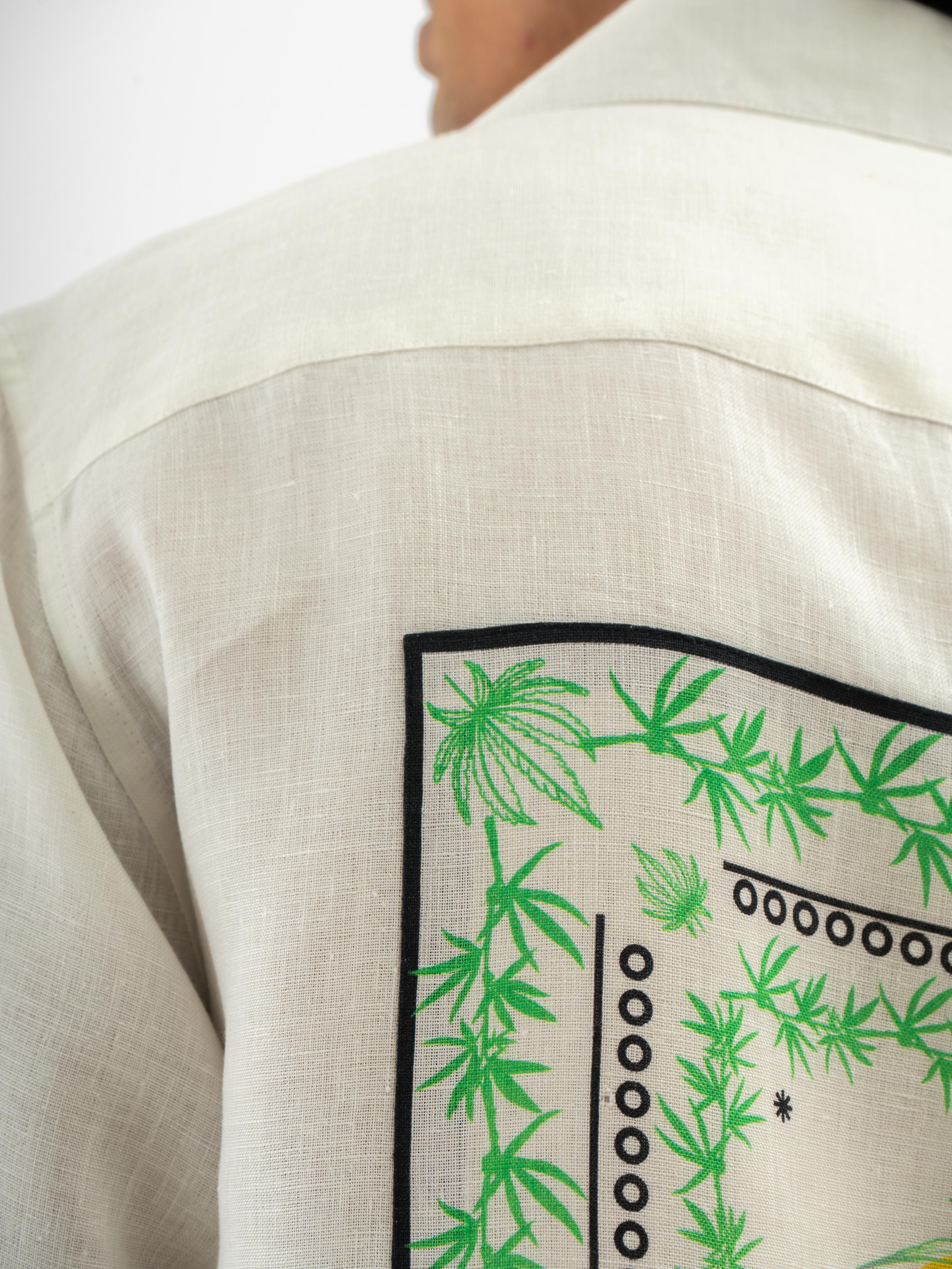 Leaf Patchwork Cuban Collar Hemp Shirt