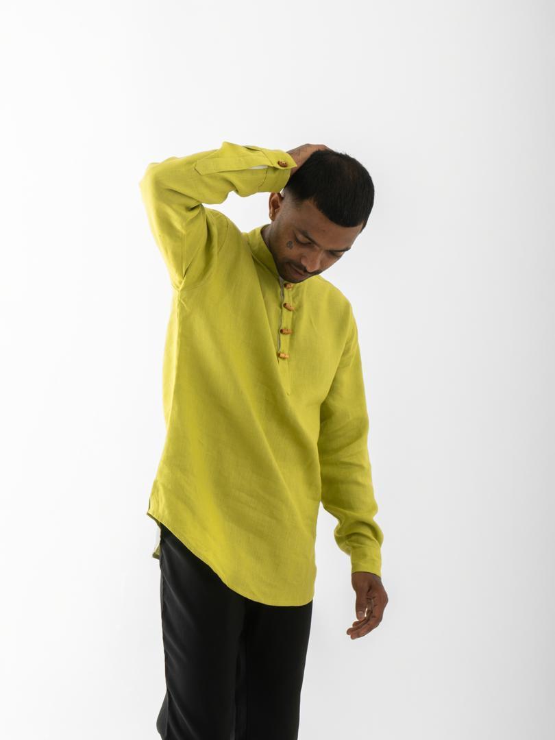 Pure Hemp Short Kurta Shirt - Solid Green