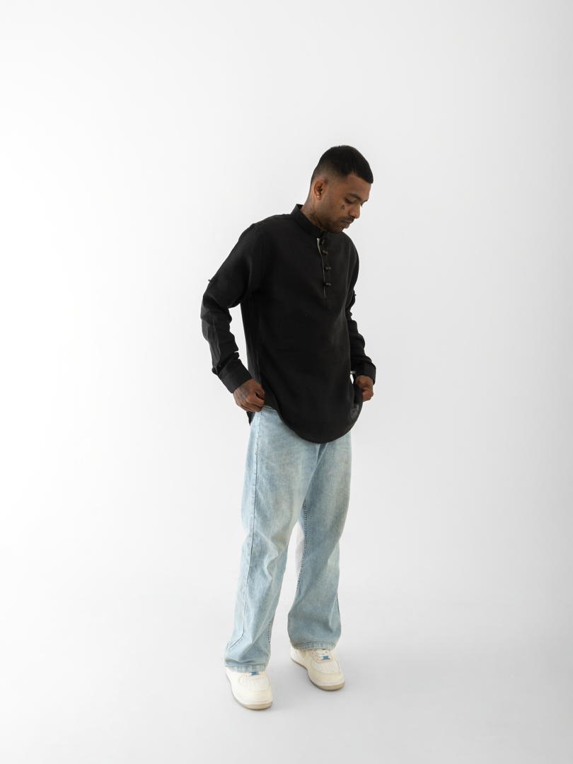 Short Kurta Shirt - Solid Black