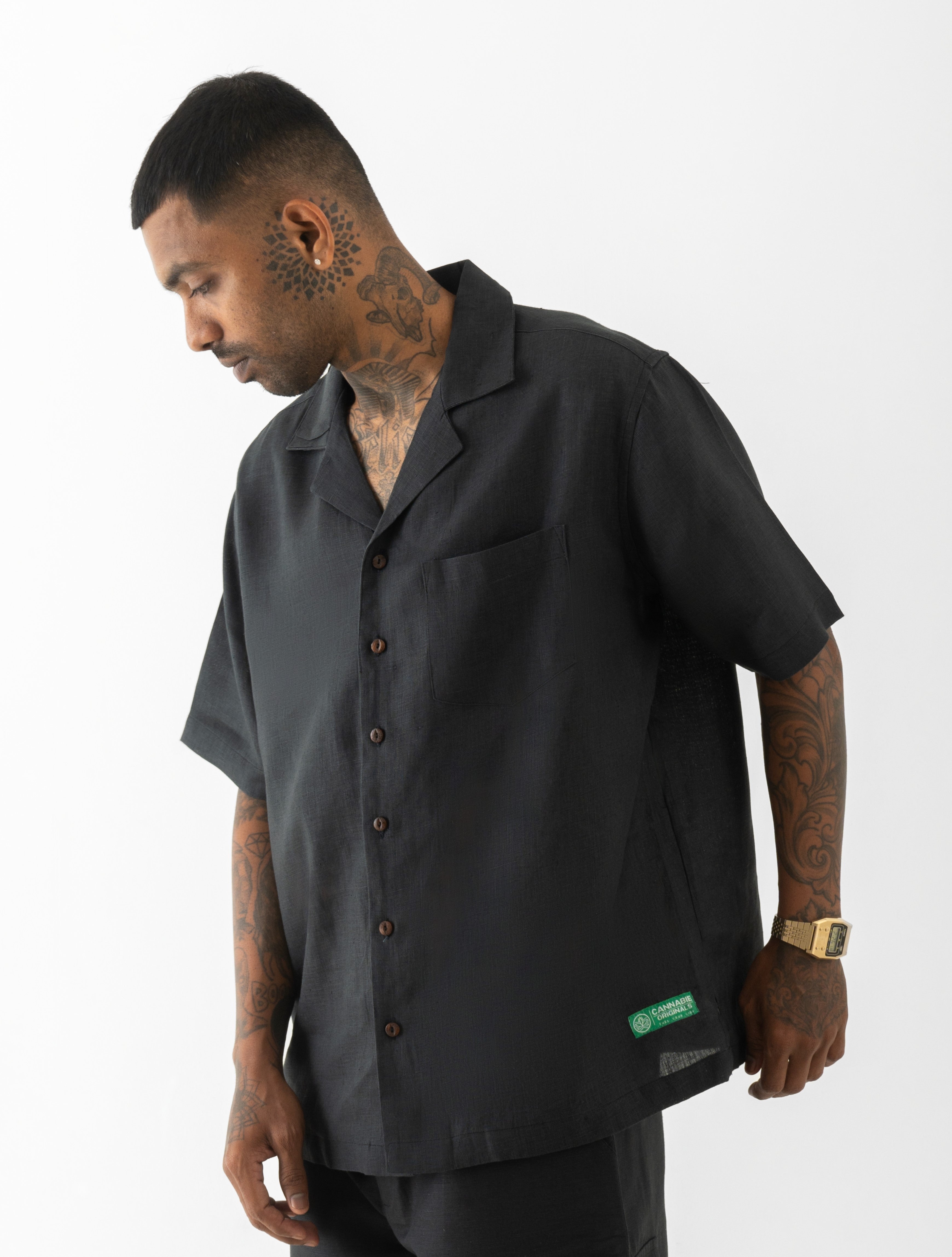 ORIGINALS : Cuban Collar Hemp Shirt Solid Black