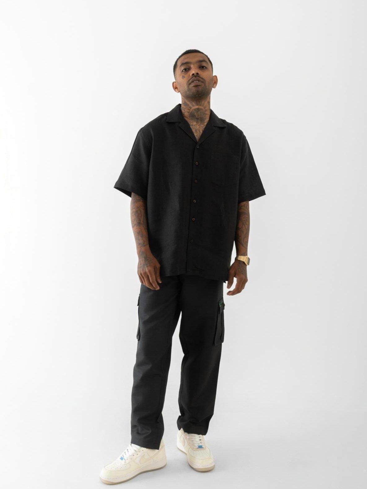 BOHO patchwork Cuban Collar Hemp Shirt Black