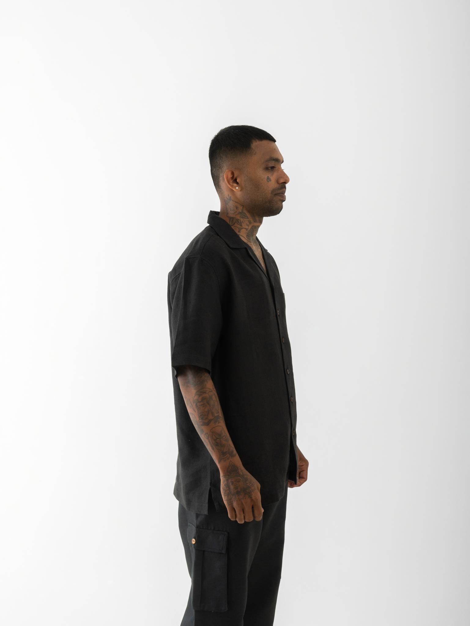 BOHO patchwork Cuban Collar Hemp Shirt Black