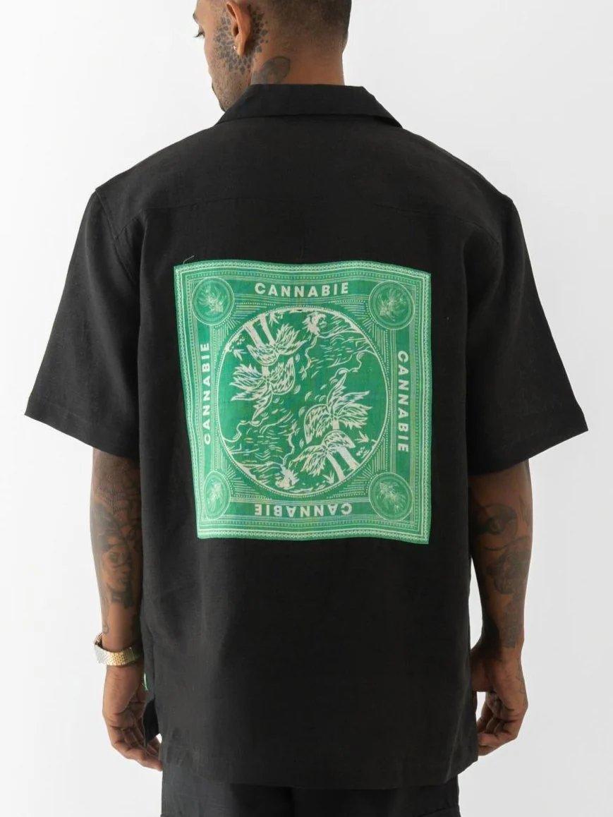 BOHO patchwork Cuban Collar Hemp Shirt Black