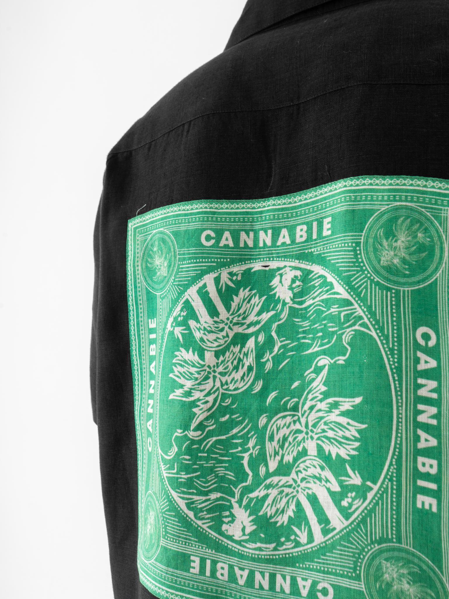 BOHO patchwork Cuban Collar Hemp Shirt Black