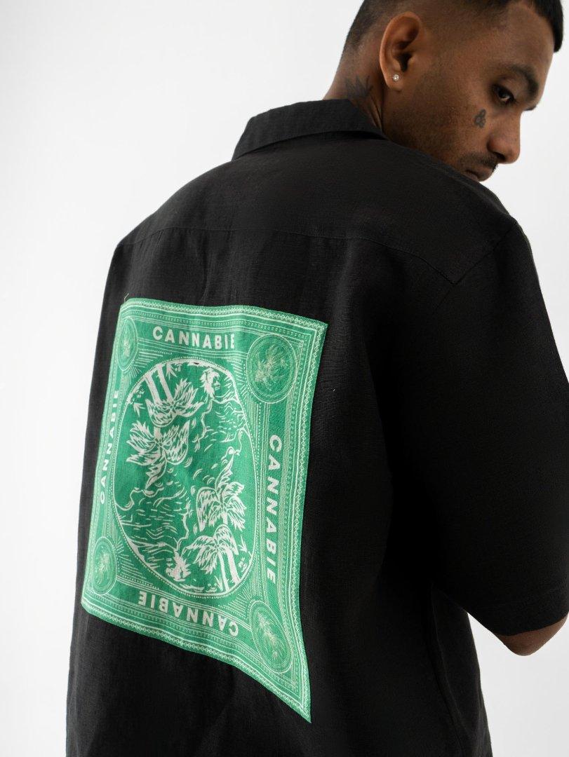 BOHO patchwork Cuban Collar Hemp Shirt Black